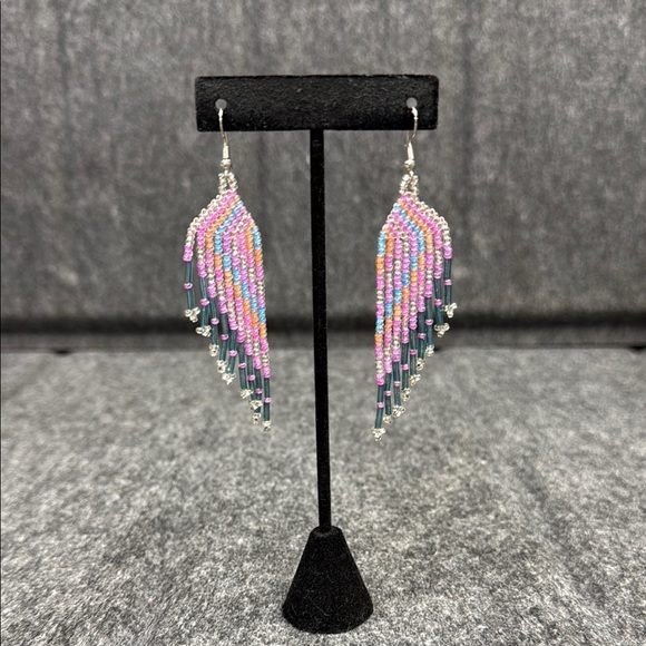 Pink and Silver Chandelier Earrings with Fringe Design - Picture 1 of 3